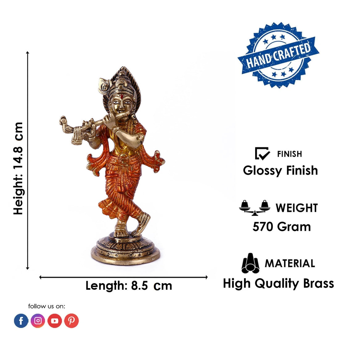 5.8 Inch Enchanting Krishna Brass Idol