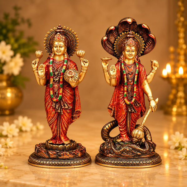 15.5 Inch Graceful Lord VIshnu with Maa Lakshmi Statue. Brass Laxmi Narayan Idol