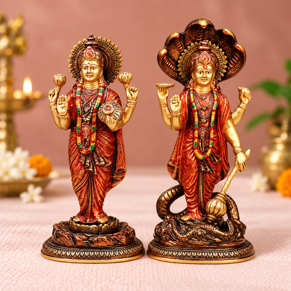 15.5 Inch Graceful Lord VIshnu with Maa Lakshmi Statue. Brass Laxmi Narayan Idol