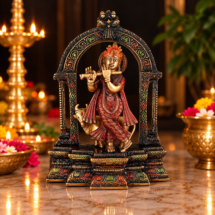 10.5 Inch Brass Krishna With Cow And Flute Idol