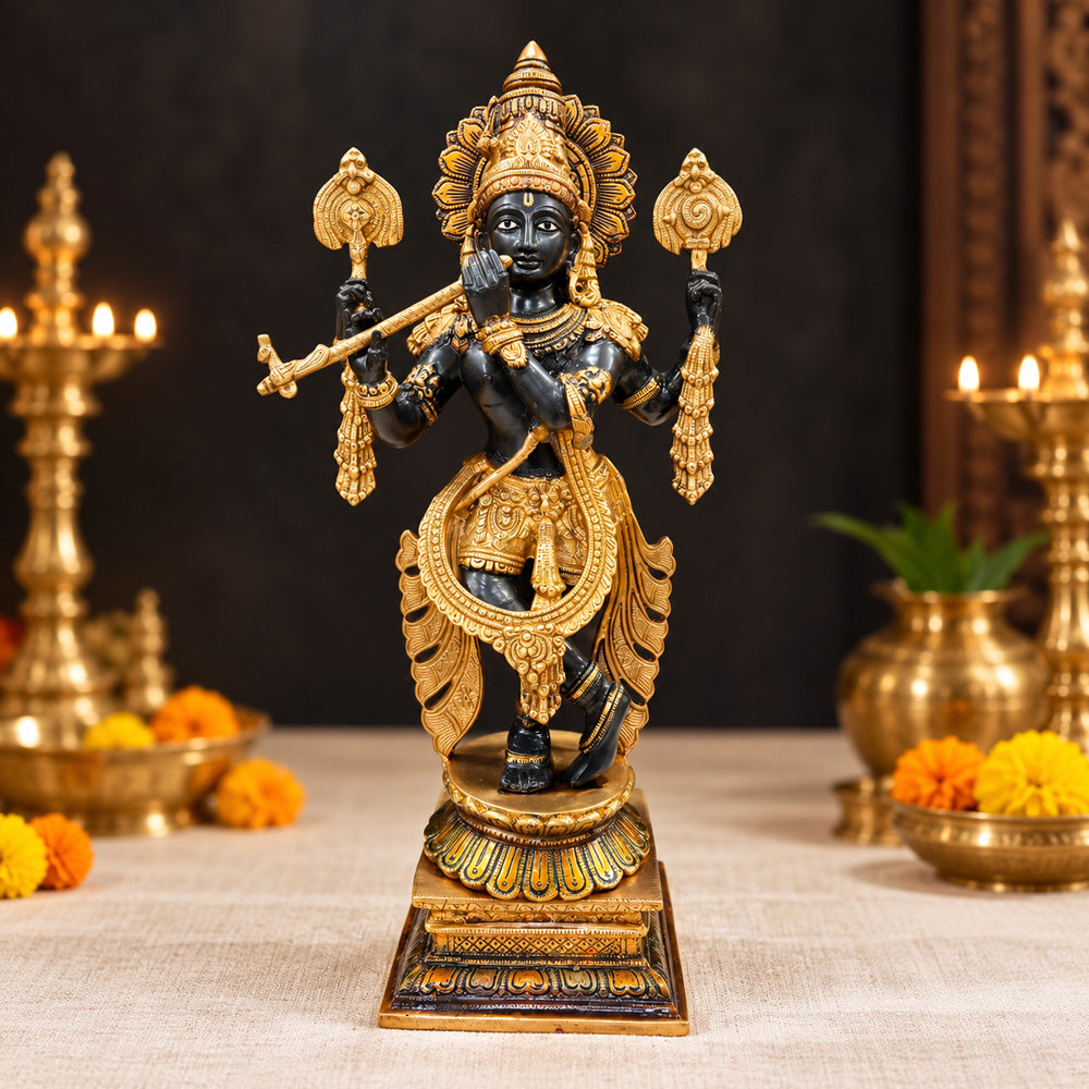 19 Inch Brass Chola Krishna Sculpture Playing the Flute