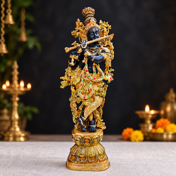 28 Inch Brass Krishna Sculpture with Artistic Detailing