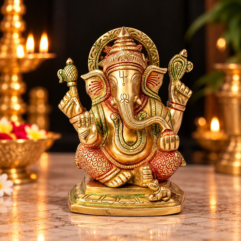 5.4 Inch Multicolor Brass Lord Ganesha Idol for Home Mandir