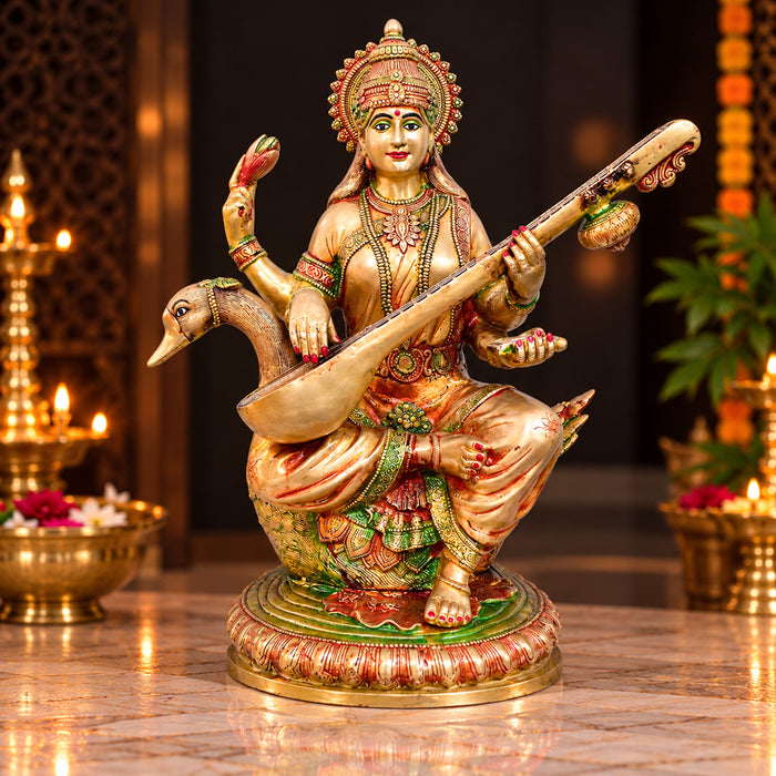 36 Inch Premium Goddess Saraswati Brass Idol – Antique Gold Finish