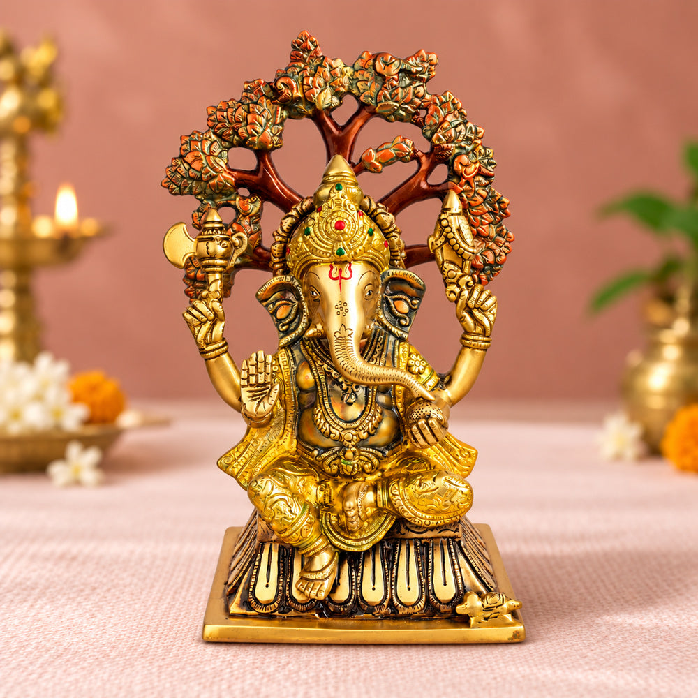 14.2 Inch Lord Ganesha Sitting Under Tree Brass Murti