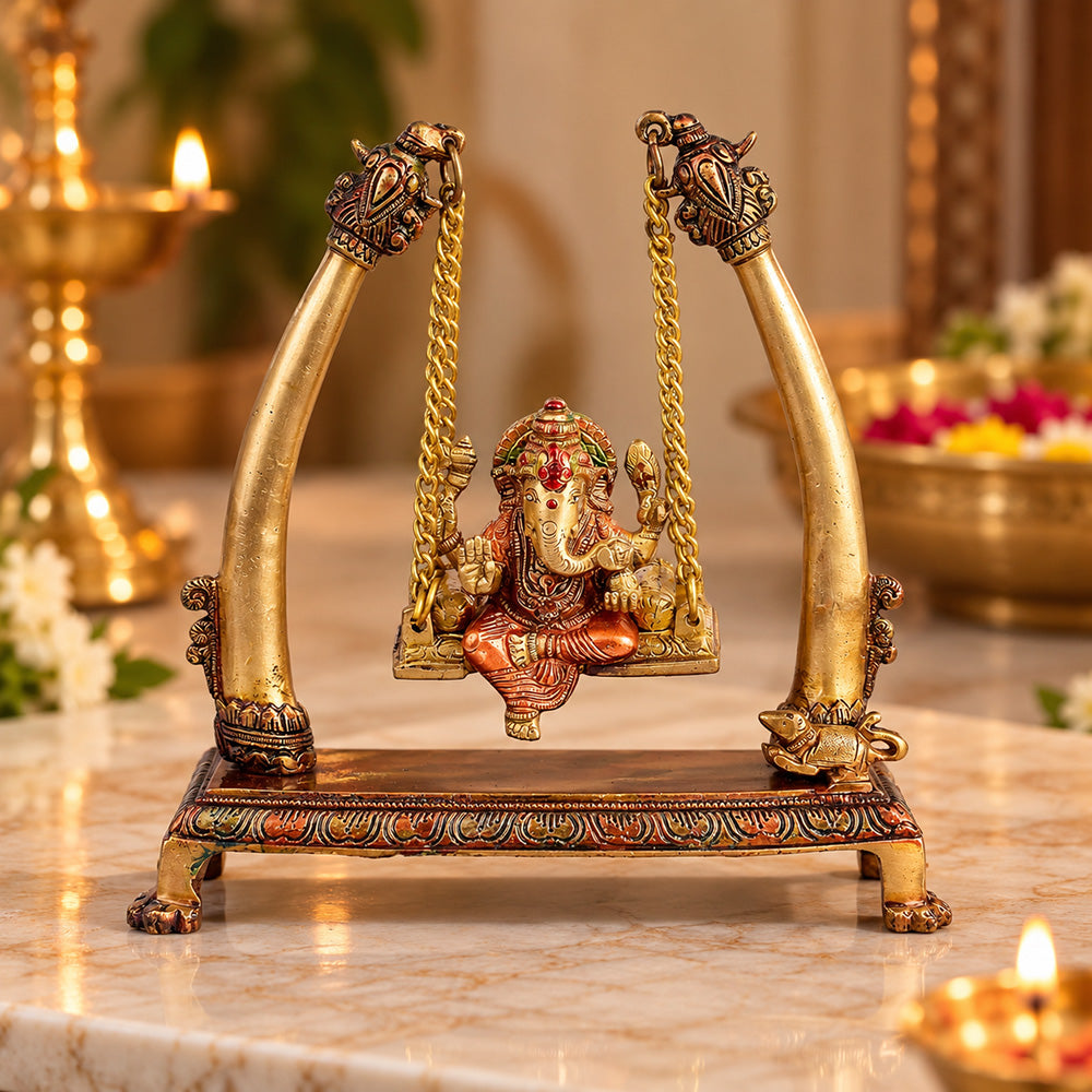 10.2 Inch Brass Ganpati Idol On Swing Jhula