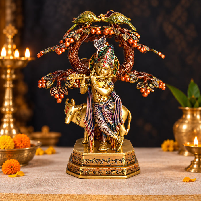 13.4 Inch Pure Brass Krishna with Cow Under Tree Statue