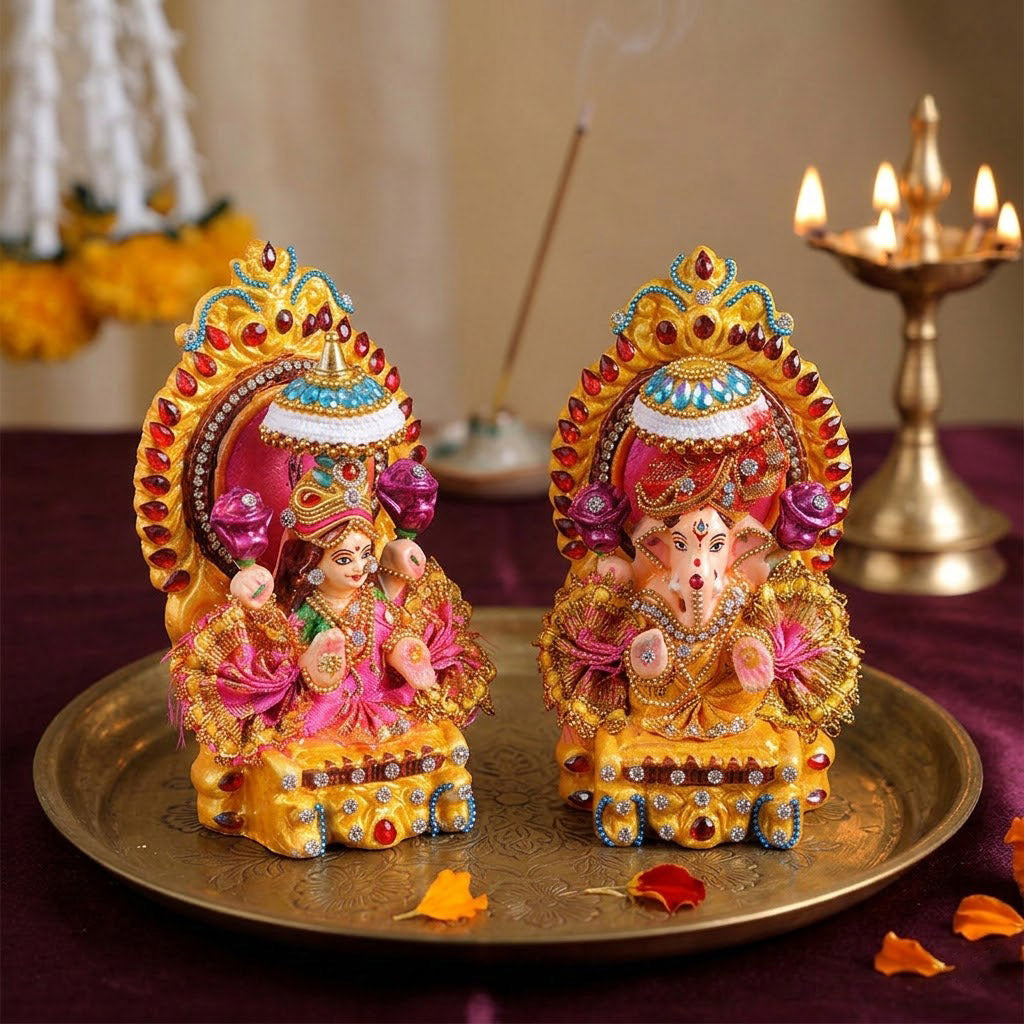 Decorated Clay Lakshmi Ganesh Idol with Stone Work Dress