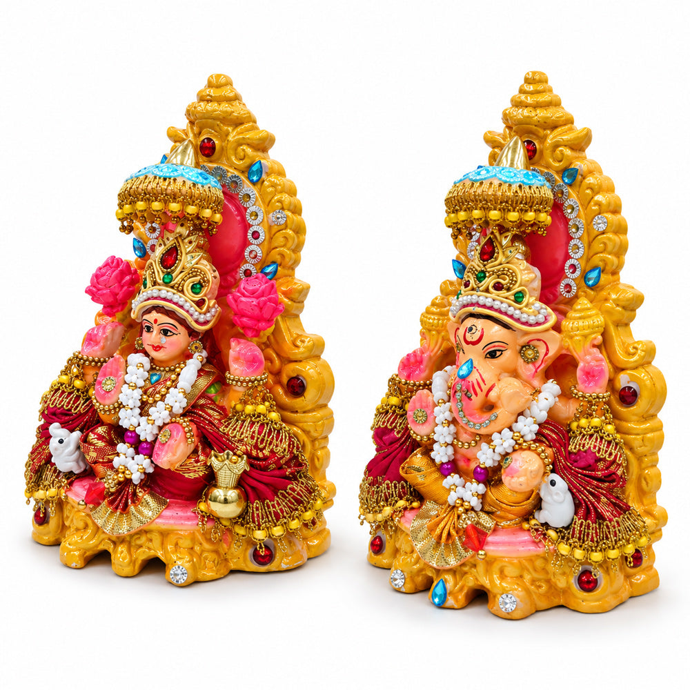 Stone Studded Clay Laxmi Ganesh Idols with Golden Throne