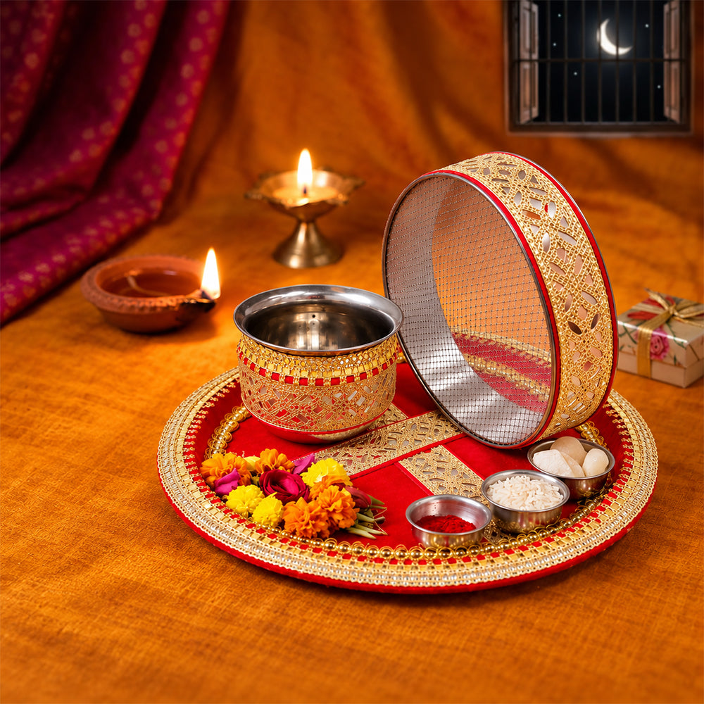 Designer Red Velvet Fabric Karwa Chauth Thali 3 Pcs Set