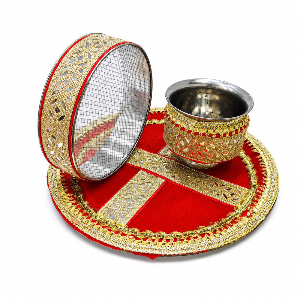 Designer Red Velvet Fabric Karwa Chauth Thali 3 Pcs Set