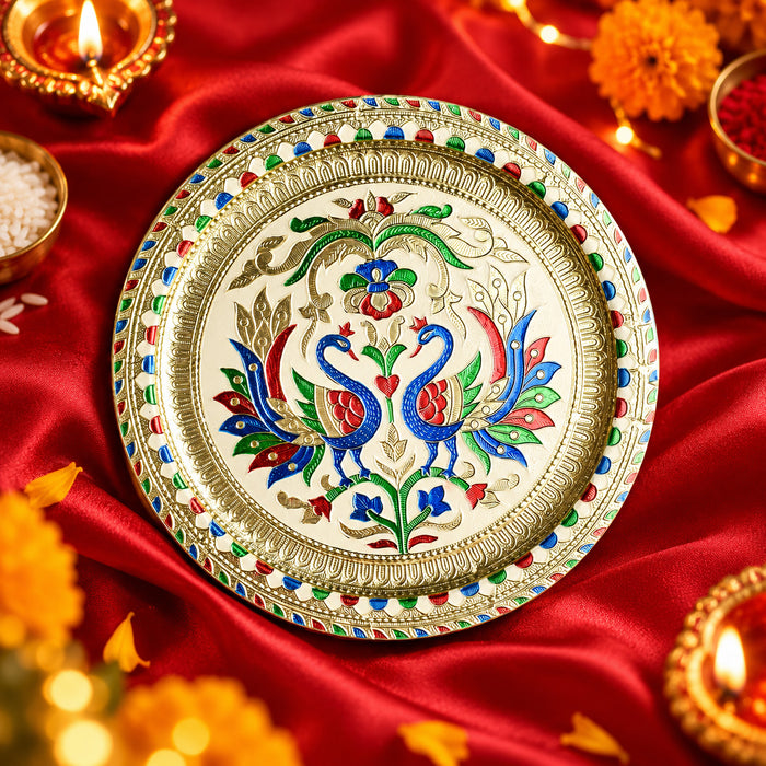 Peacock Embossed Puja Thali - Festive Delight for Diwali & Karwa Chauth