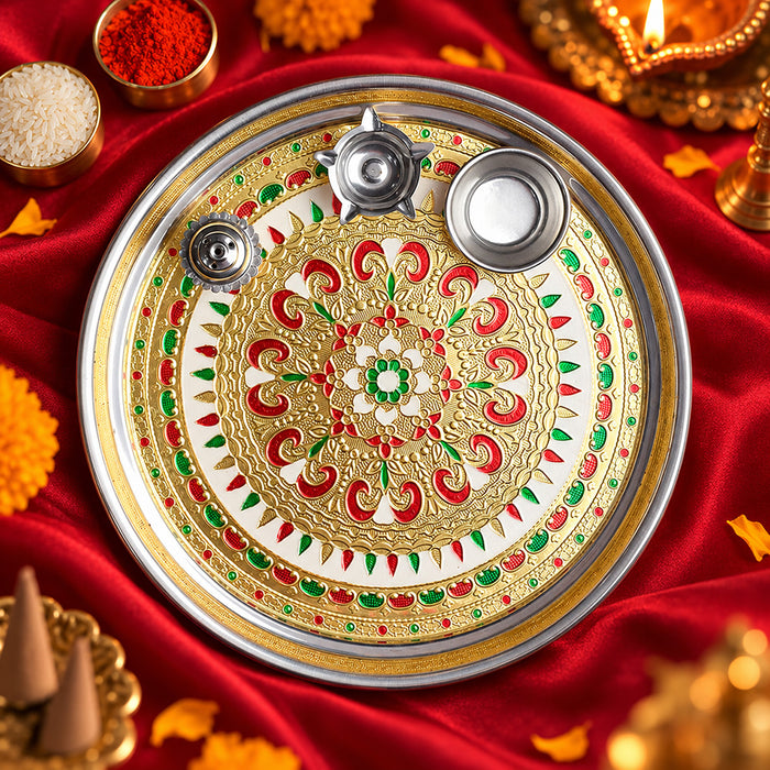 Printed Stainless Steel Aarti Plate Set