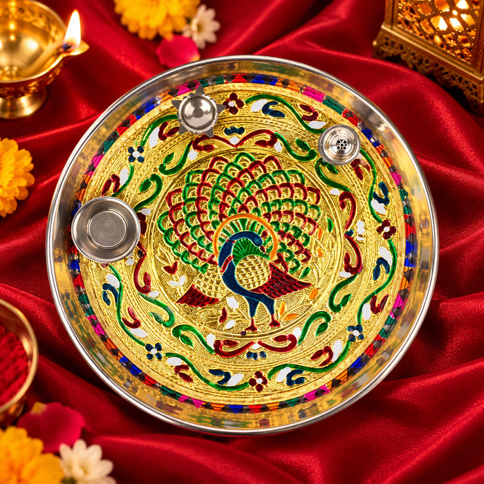 Stainless Steel Peacock Printed Pooja Thali Set