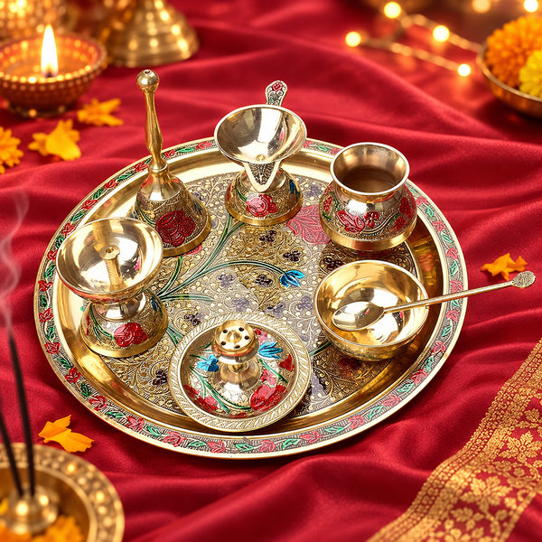 Ravishing 8 Pc Brass Puja Thali Set with Premium Velvet Box (10 Inch)