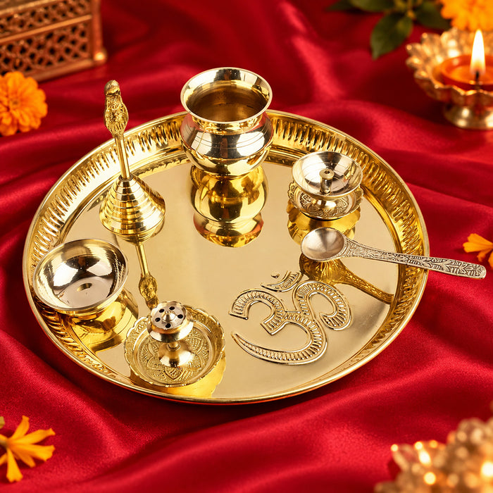 7 Piece Brass OM Pooja Thali Set (9 Inch) Design 10
