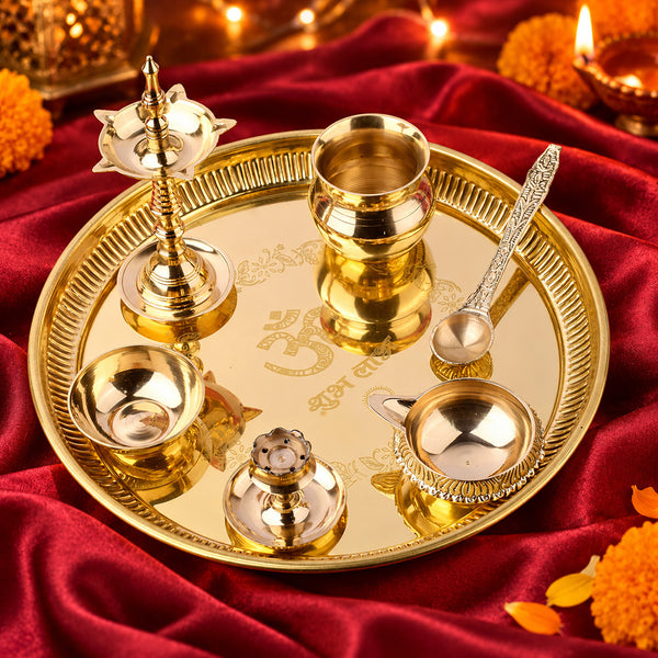7 Piece Brass Om Shubh Labh Pooja Thali Set (9 Inch - 10 Inch) Design 5