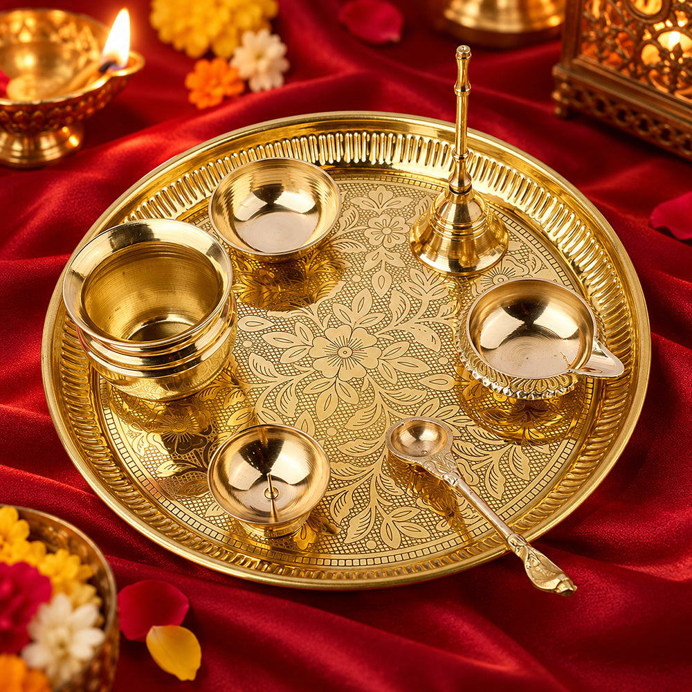 7 Piece Brass Designer Pooja Thali Set (9 Inch) Design 7