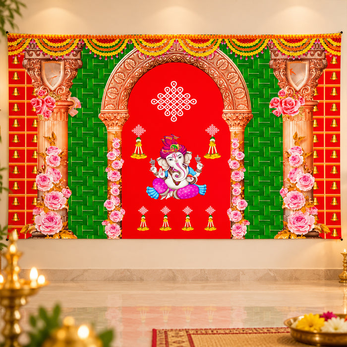 Backdrop Cloth Print Ganesh on Banana Leaf Design