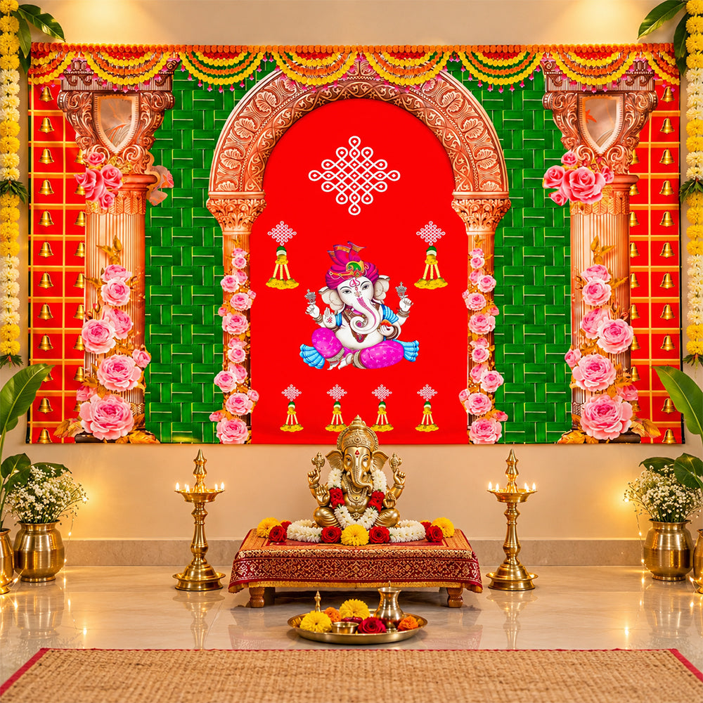 Backdrop Cloth Print Ganesh on Banana Leaf Design