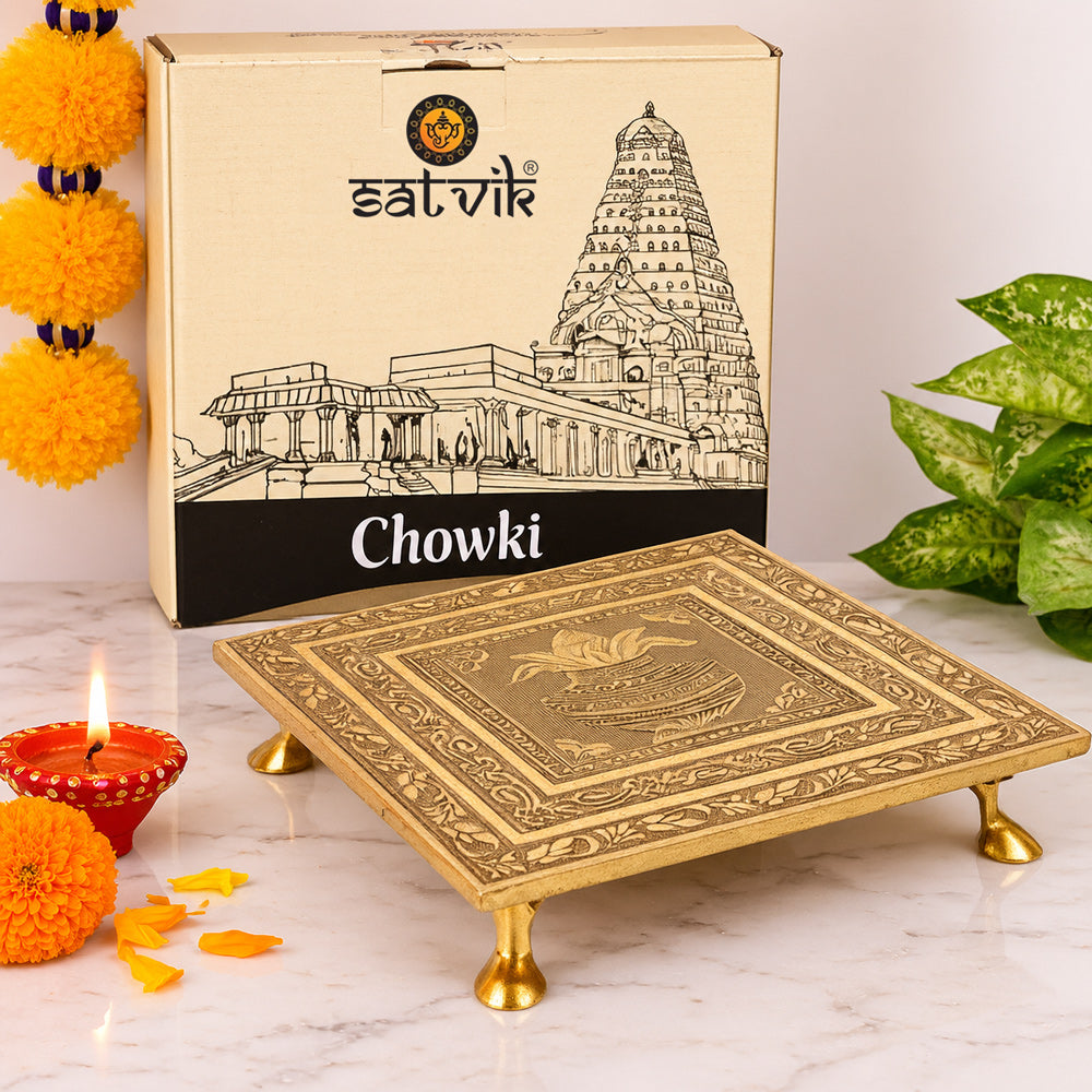 Meenakari Design Wooden Chowki with Kalash Embellishments (10 Inch)