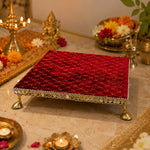 Handcrafted Red Velvet Wooden Pooja Chowki with Mirror Lace