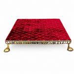 Handcrafted Red Velvet Wooden Pooja Chowki with Mirror Lace