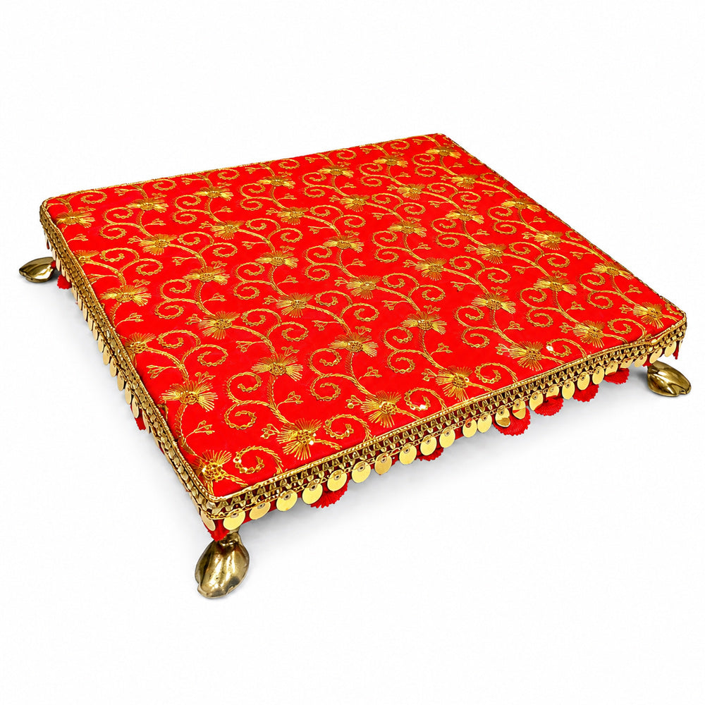 Handcrafted Red Brocade Pooja Chowki with Gold Zari Embroidery