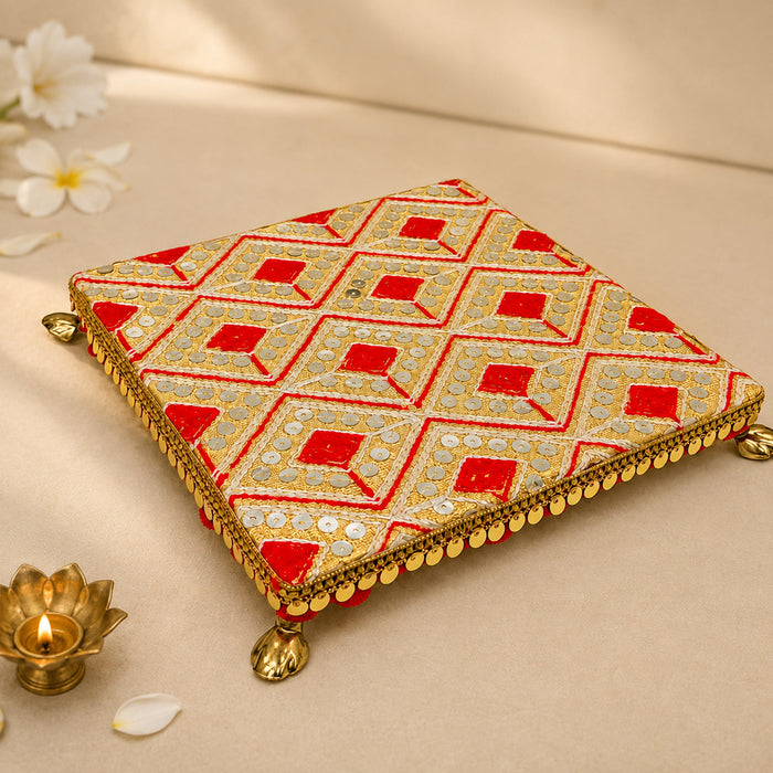 Handcrafted Red & Gold Geometric Embroidered Pooja Chowki