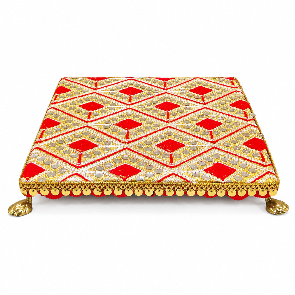Handcrafted Red & Gold Geometric Embroidered Pooja Chowki