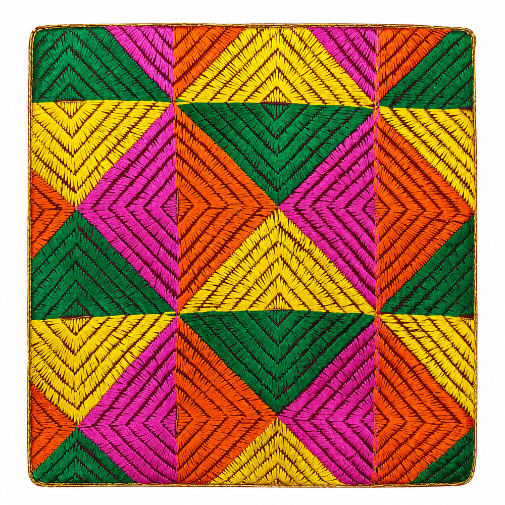 Hand Embroidered Multi-Tone Wooden Pooja Chowki
