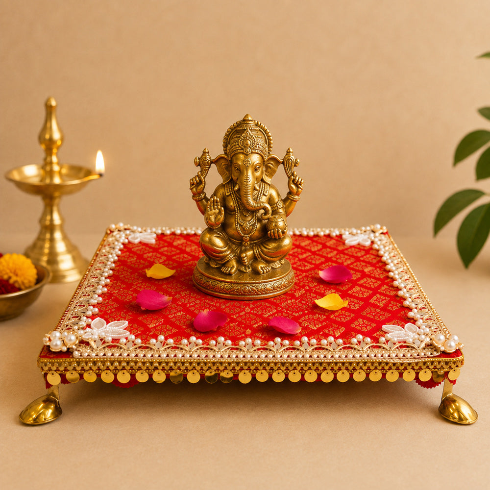 Royal Rani Red Brocade Pooja Chowki for Home Mandir