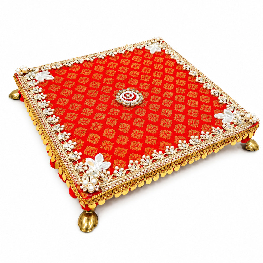 Royal Rani Red Brocade Pooja Chowki for Home Mandir