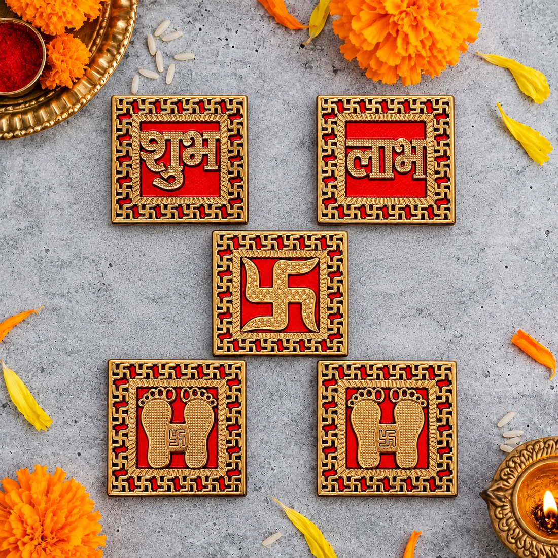 Red & Golden Bordered Shubh Labh Charan Paduka Set of 5