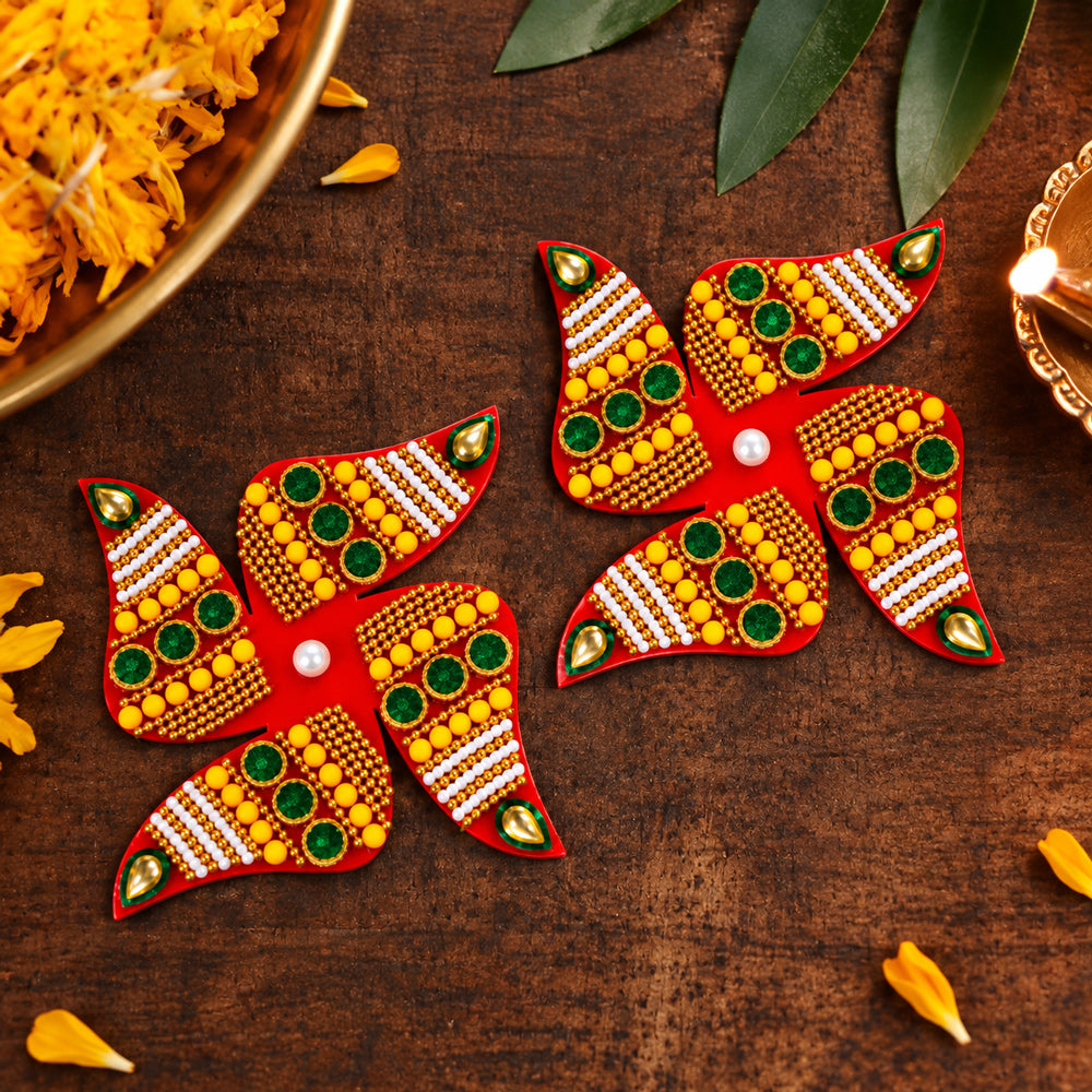 Traditional Red & Multi-Color Beaded Swastik Stickers