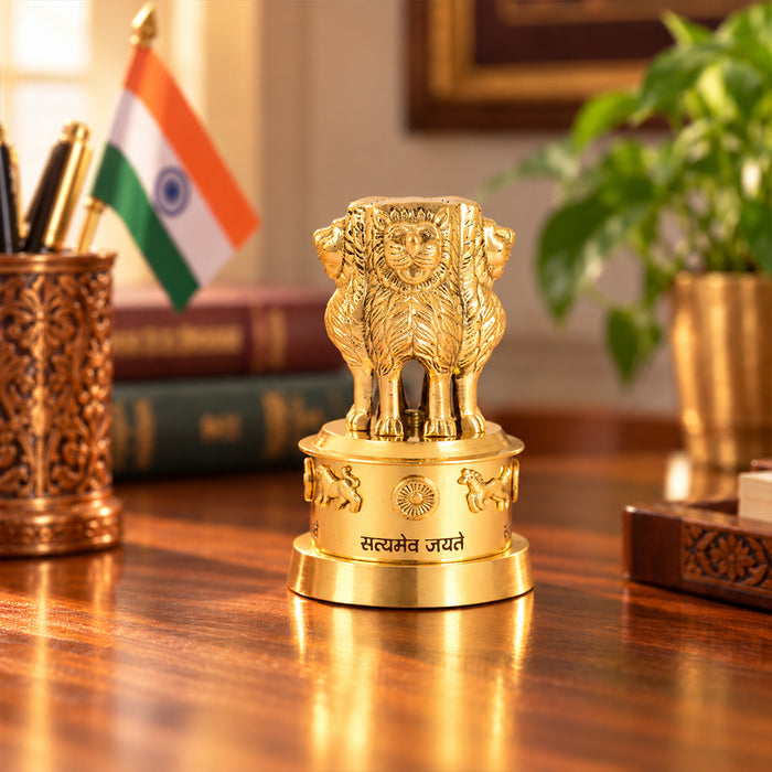 5 Inch Brass Ashoka Pillar Showpiece (National Emblem Decor)