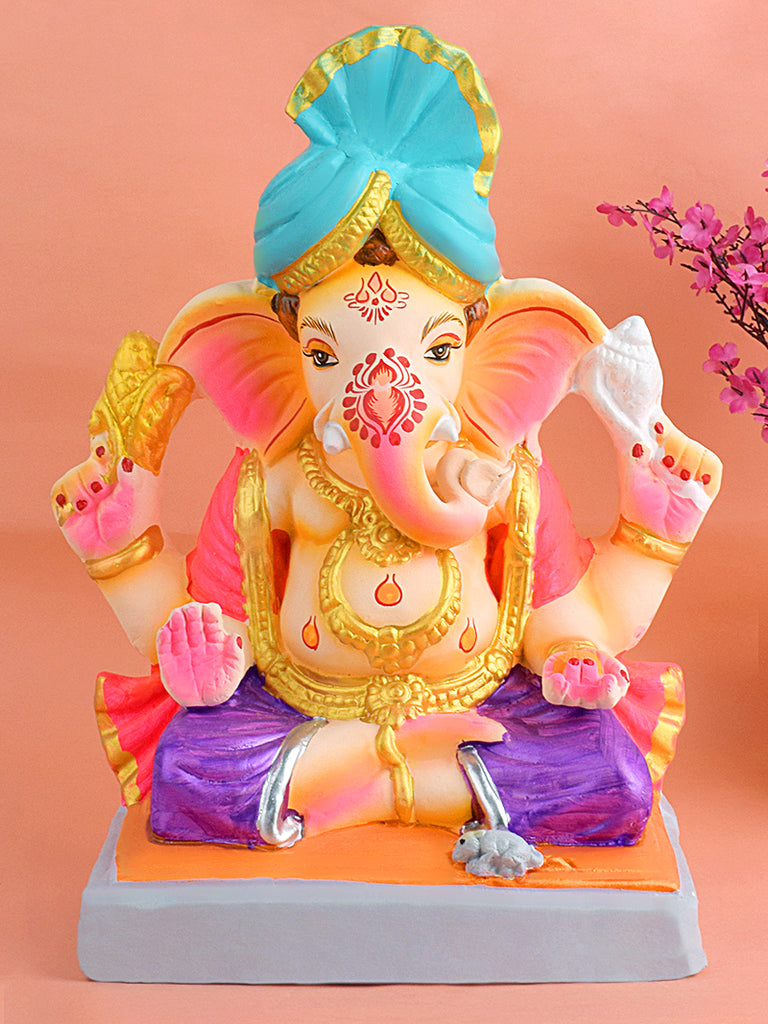 Majestic 13.5-inch Gajrup eco-friendly Ganesha idol adorned with a traditional pagdi, crafted in natural clay with vibrant colors and fine detailing for Ganesh Chaturthi. India’s Largest Pooja Accessories Brand – www.satvikstore.in