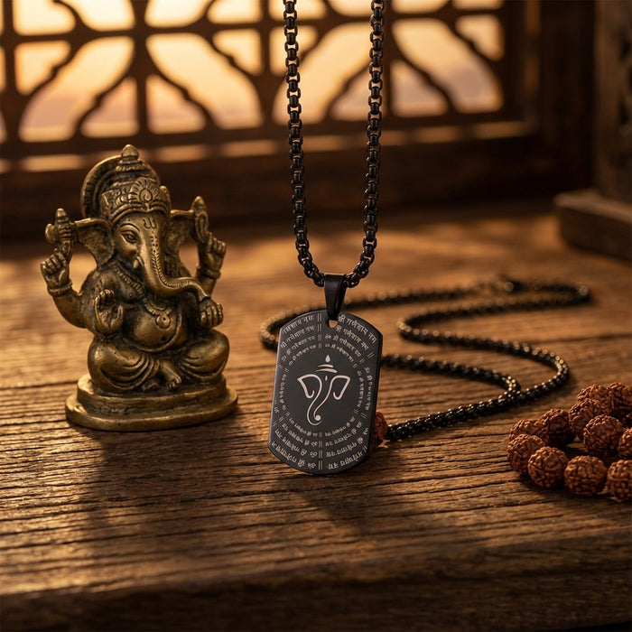 Ganpati shlok microcarved black pendant with detailed engraving for divine blessings. India’s Largest Pooja Accessories Brand - www.satvikstore.in