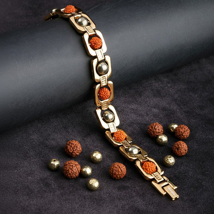 Gold Plated Pyrite Rudraksha Bracelet with Premium IGP Coating – Spiritual and Energized Unisex Jewelry India’s Largest Puja Accessories Brand- www.satvikstore.in