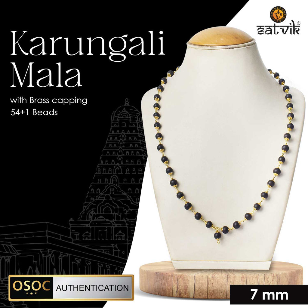 Government-certified Karungali/Ebony mala featuring a golden brass cap, used for meditation, prayer, and spiritual practices.India’s Premium Jap Mala Store - www.satvikstore.in