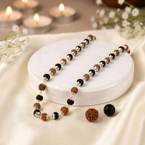 Rudraksha & Karungali Mala Silver Plated Beads Spiritual Protection Govt Certified