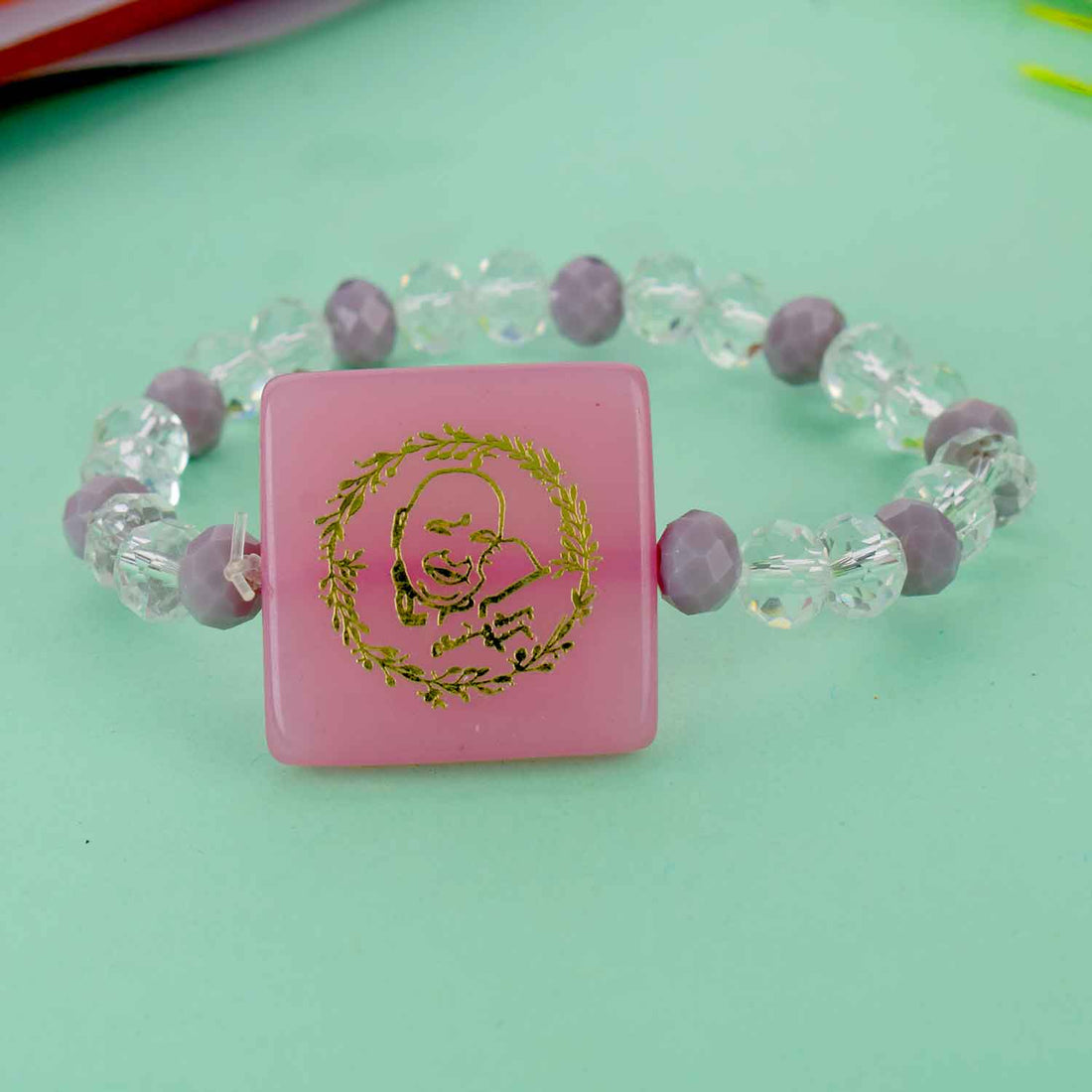 Guruji Swaroop Bracelet with elegant clear and coloured assorted beads – perfect for pooja, gifting, satsangs, and daily spiritual use. Satvikstore.in