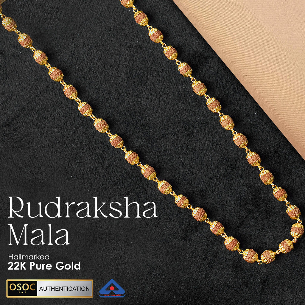 Hallmarked 22K Pure Gold Panchmukhi Rudraksha Mala with divine five-faced beads strung in authentic gold links, symbolizing spiritual power, purity, and prosperity. India’s Premium Rudraksha Jap Mala Store- www.satvikstore.in
