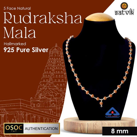 Hallmarked 925 Pure Silver Panchmukhi Rudraksha Mala featuring five-faced sacred beads, meticulously crafted in premium silver to enhance spiritual strength, tranquility, and prosperity. India’s Premium Rudraksha Jap Mala Store- www.satvikstore.in