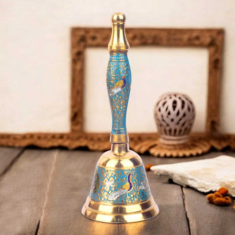 Handcrafted Meenakari Brass Puja Bell in Sky Blue color – 7 Inch decorative temple bell for daily worship. India’s Largest Pooja Accessories Brand - www.satvikstore.in 