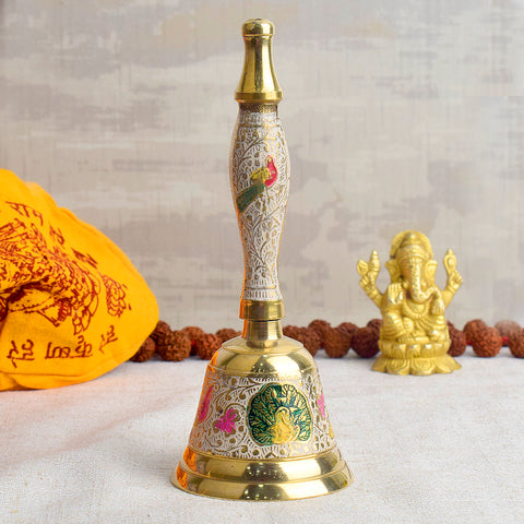 Handcrafted Meenakari Brass Puja Bell in White color – 7 Inch traditional pooja bell for temple rituals and spiritual ceremonies. India’s Largest Pooja Accessories Brand - www.satvikstore.in