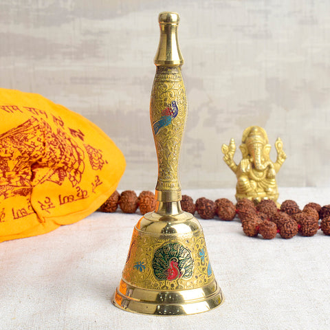 Handcrafted Meenakari Brass Puja Bell in Yellow color – 7 Inch traditional temple bell for daily pooja and rituals. India’s Largest Pooja Accessories Brand - www.satvikstore.in 