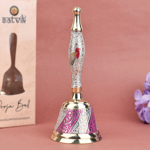 Handcrafted brass puja bell in elegant white and pink hues, perfect for daily rituals, temple decor, and spiritual ceremonies. India’s Largest Pooja Accessories Brand – www.satvikstore.in
