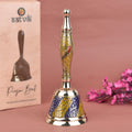 Handcrafted yellow and blue brass puja bell designed for devotional rituals, blending traditional craftsmanship with vibrant spiritual aesthetics. India’s Largest Pooja Accessories Brand – www.satvikstore.in
