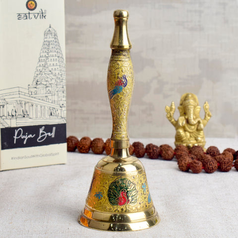 Handcrafted yellow brass puja metal bell designed for spiritual rituals, aarti ceremonies, and temple use with traditional Indian craftsmanship. India’s Largest Pooja Accessories Brand – www.satvikstore.in
